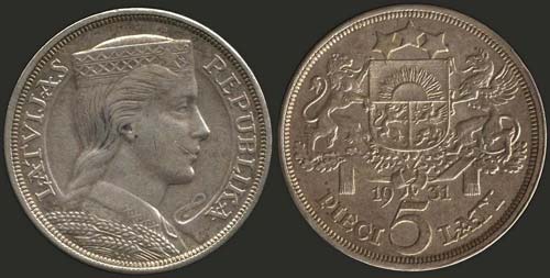 LATVIA: 5 Lati (1931) in silver ... 