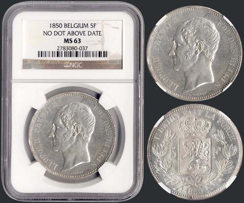 BELGIUM: 5 Francs (1850) in silver ... 