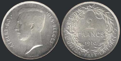 BELGIUM: 2 Francs (1910) in silver ... 