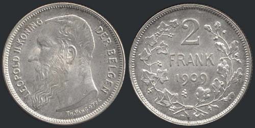 BELGIUM: 2 Francs (1909) in silver ... 