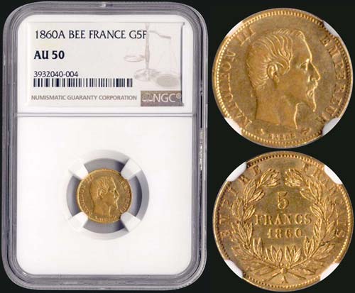 FRANCE: 5 Francs (1860 A) in gold ... 