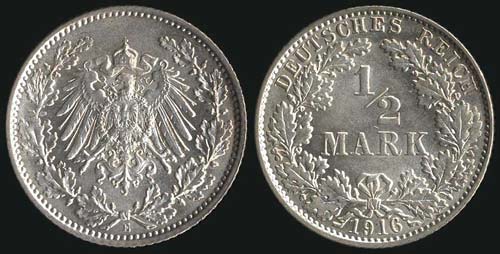 GERMANY: 1/2 Mark (1916 E) in ... 