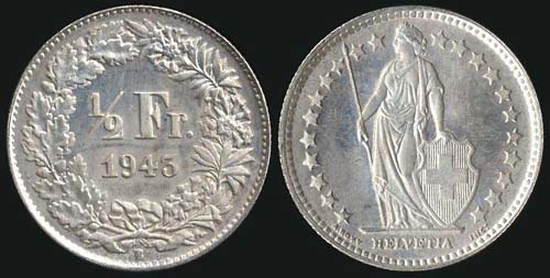 SWITZERLAND: 1/2 Franc (1943 B) in ... 