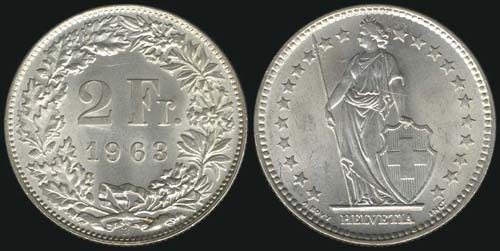 SWITZERLAND: 2 Francs (1963 B) in ... 
