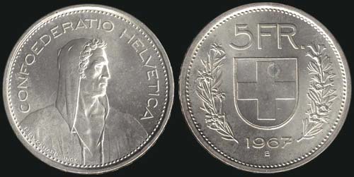 SWITZERLAND: 5 Francs (1967 B) in ... 