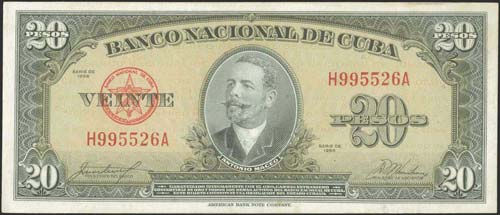 CUBA: 20 Pesos (1958) in black on ... 