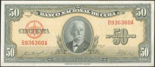 CUBA: 50 Pesos (1958) in black on ... 