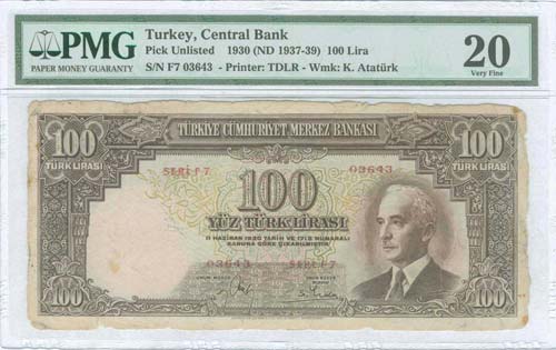 TURKEY: 100 Lira (1.3.1938) in ... 