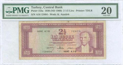 TURKEY: 2 1/2 Lira (ND 1960) in ... 