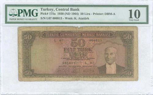 TURKEY: 50 Lira (ND 1964) in brown ... 