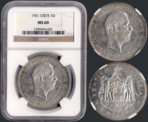 GREECE: 5 drx (1901 A) in silver ... 