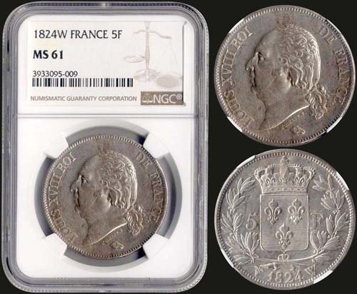 FRANCE: 5 Francs (1824W) in silver ... 