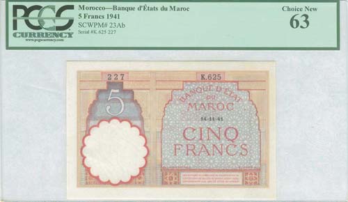 MOROCCO: 5 Francs (1941) in red, ... 