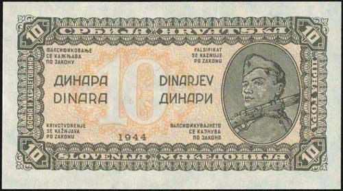 YUGOSLAVIA: 3x10 Dinara (1944) in ... 