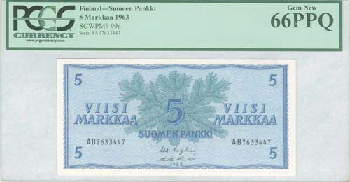 FINLAND: 5 Markkaa (1963) in blue ... 