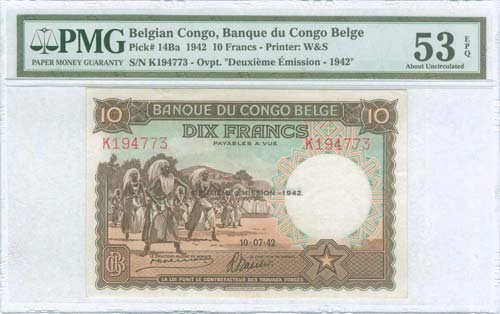 BELGIAN CONGO: 10 Francs ... 
