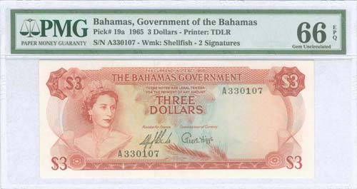 BAHAMAS: 3 Dollars (1965) in red ... 