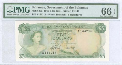 BAHAMAS: 5 Dollars (1965) in green ... 