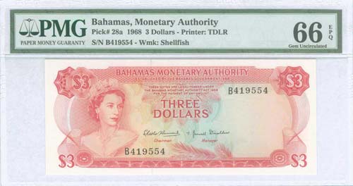 BAHAMAS: 3 Dollars (1968) in red ... 
