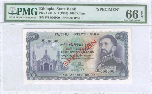 ETHIOPIA: Specimen of 100 Dollars ... 