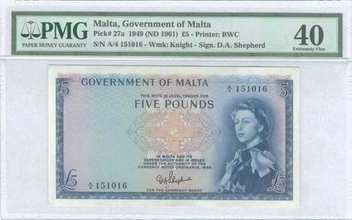 MALTA: 5 Pounds (ND 1961) in blue ... 
