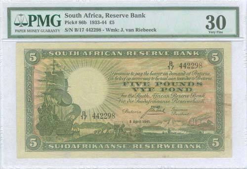SOUTH AFRICA: 5 Pounds (8.4.1941) ... 