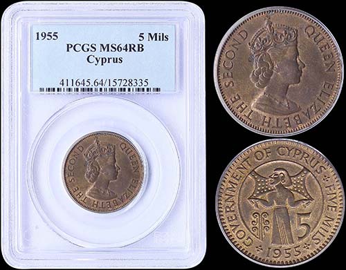 CYPRUS: 5 Mils (1955) in bronze. ... 