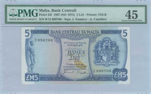 MALTA: 5 Pounds (L.1967 - ND 1973) in blue ... 
