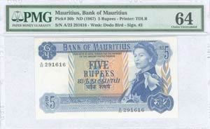 MAURITIUS: 5 Rupees (ND 1967) in blue on ... 