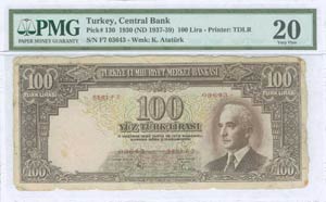 TURKEY: 100 Lira (1.3.1938) in dark brown ... 