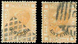 2x20c Italian stamps 1878-79 Ovpt ESTERO ... 