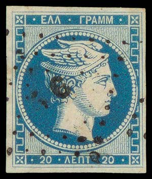 GREECE: 20l. blue on thin paper, plate flaw ... 