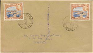 CYPRUS: Cover fr. with 2x1/4pi 1938 KGVI ... 