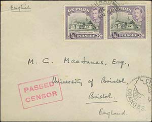 CYPRUS: Cover fr. with 2x3/4pi 1938 KGVI ... 