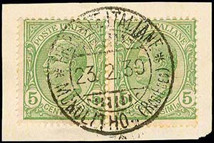 GREECE: Fragment with 2x5c Italian stamps ... 