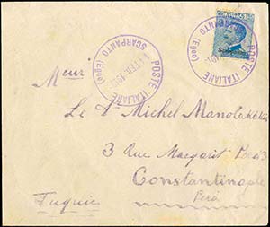 GREECE: Cover fr. with 25c Scarpanto ovpt ... 