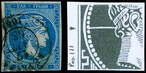 GREECE: 20l. blue (pos.111/1867 issue), ... 