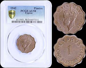 CYPRUS: 1 Piastre (1942) in bronze. Obv: ... 