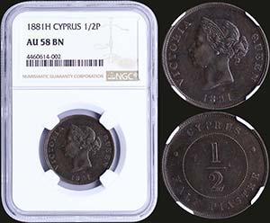 CYPRUS: 1/2 Piastre (1881 H) in bronze with ... 