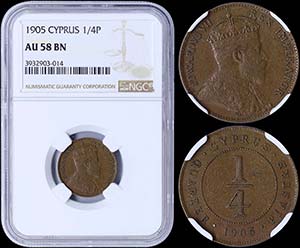 CYPRUS: 1/4 Piastre (1905) in bronze. Obv: ... 