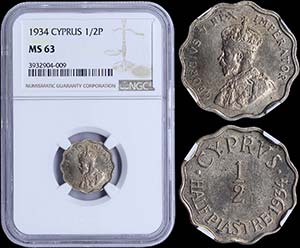 CYPRUS: 1/2 Piastre (1934) in copper-nickel. ... 