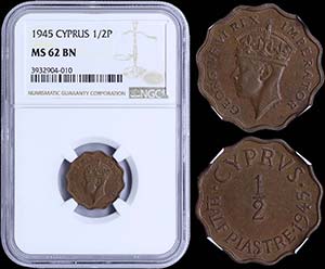 CYPRUS: 1/2 Piastre (1945) in bronze. Obv: ... 