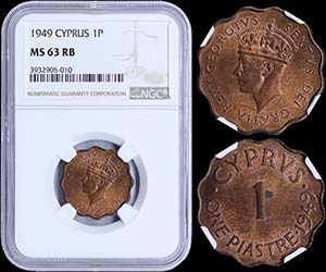 CYPRUS: 1 Piastre (1949) in bronze. Obv: ... 