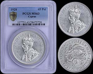 CYPRUS: 45 Piastres (1928) in silver (0,925) ... 