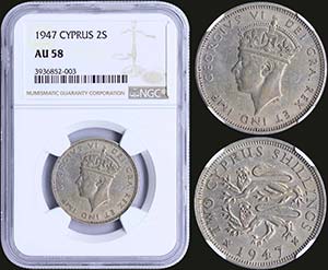 CYPRUS: 2 Shillings (1947) in copper-nickel ... 