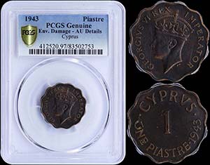 CYPRUS: 1 Piastre (1943) in bronze. Obv: ... 