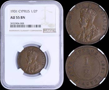 CYPRUS: 1/2 Piastre (1931) in bronze. Obv: ... 