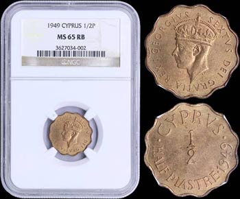 CYPRUS: 1/2 Piatre (1949) in bronze. Obv: ... 