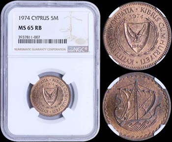 CYPRUS: 5 Mils (1974) in bronze. Obv: ... 