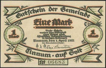 GERMANY: 1 Mark (1.4.1921) by Tinnum/Sylt ... 